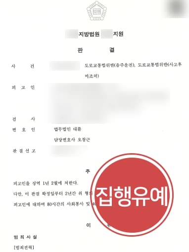 [사고후미조치 집행유예] 음주운전변호사 조력으로 음주 재범 피고인 실형을 면함