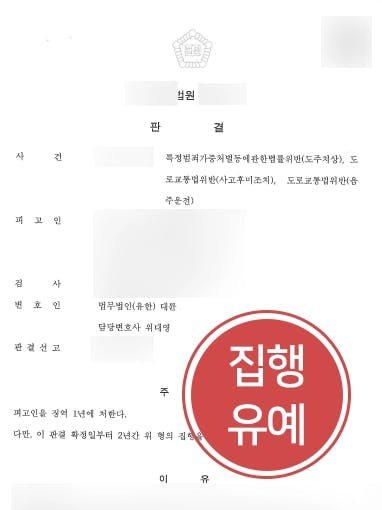 [음주뺑소니 처벌방어] 음주운전전문변호사의 조력으로 다수의 혐의에도 집행유예 판결 받다